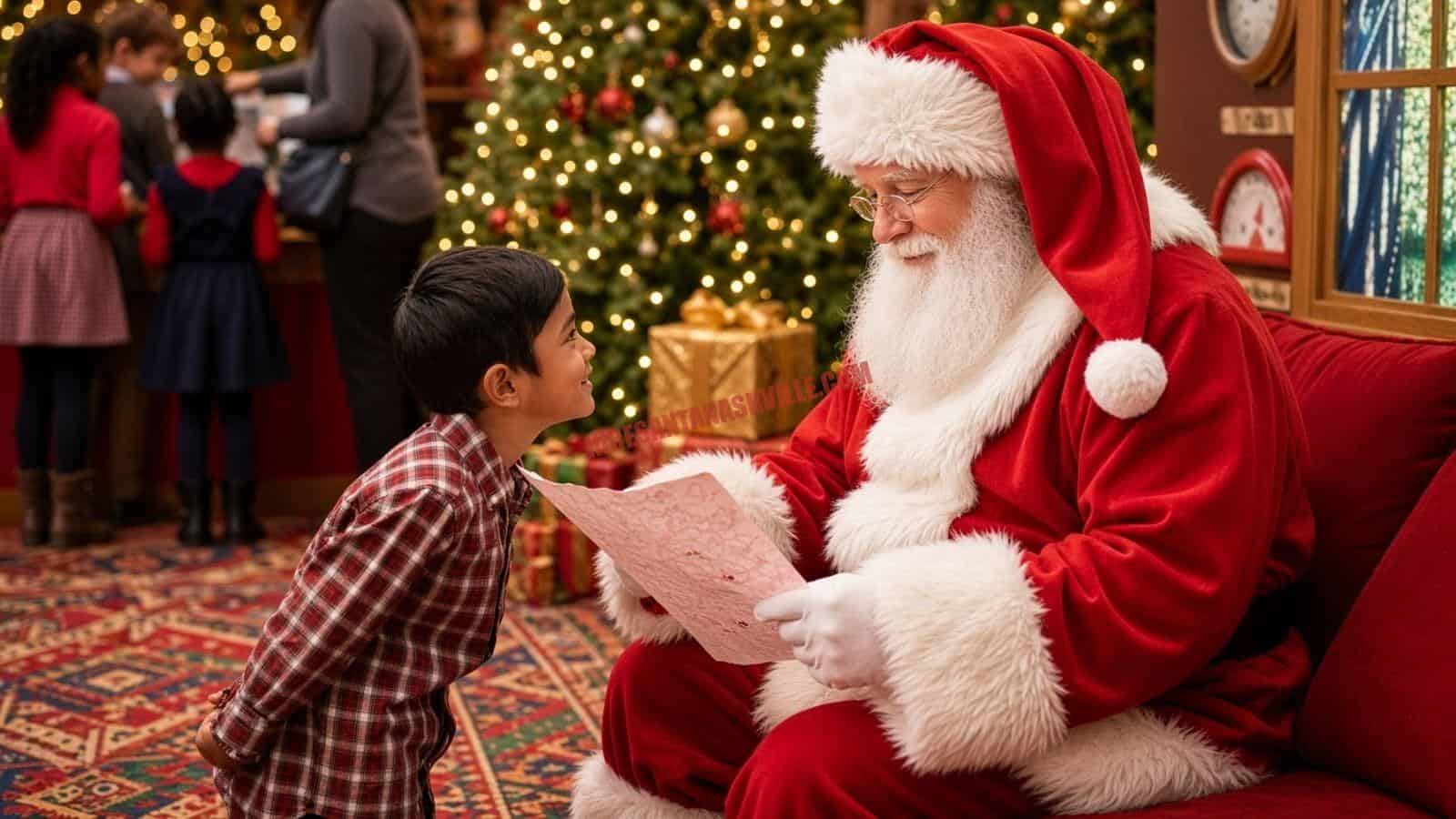 Professional Santa Claus in Nashville on a red couch reading a letter next to a child.